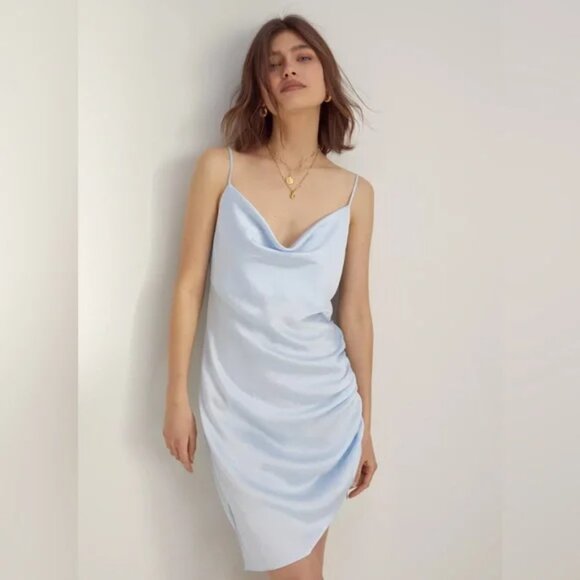 Aritzia Wilfred Sestina Ruched Satin Slip Dress Light Blue Size Large - Picture 3 of 8